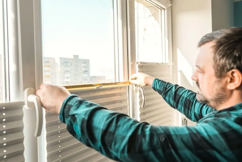 Installer measuring a window with a tape measure during a free in-home consultation